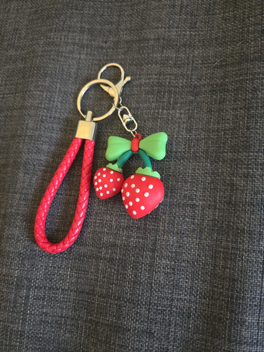 Red Strawberry Charm Keychain with Pink Braided Strap
